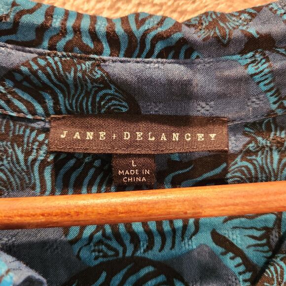 Jane And Delancey Blue Zabra Gingham Print Button Up Blouse Size Large Beach - Picture 3 of 10